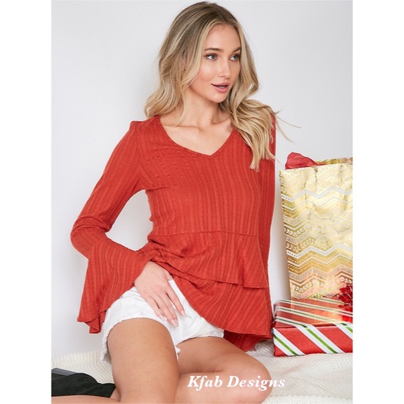 LAST ONE! ! RUST V-NECK TIERED RUFFLE RIB KNIT TOP! - Picture 3 of 9